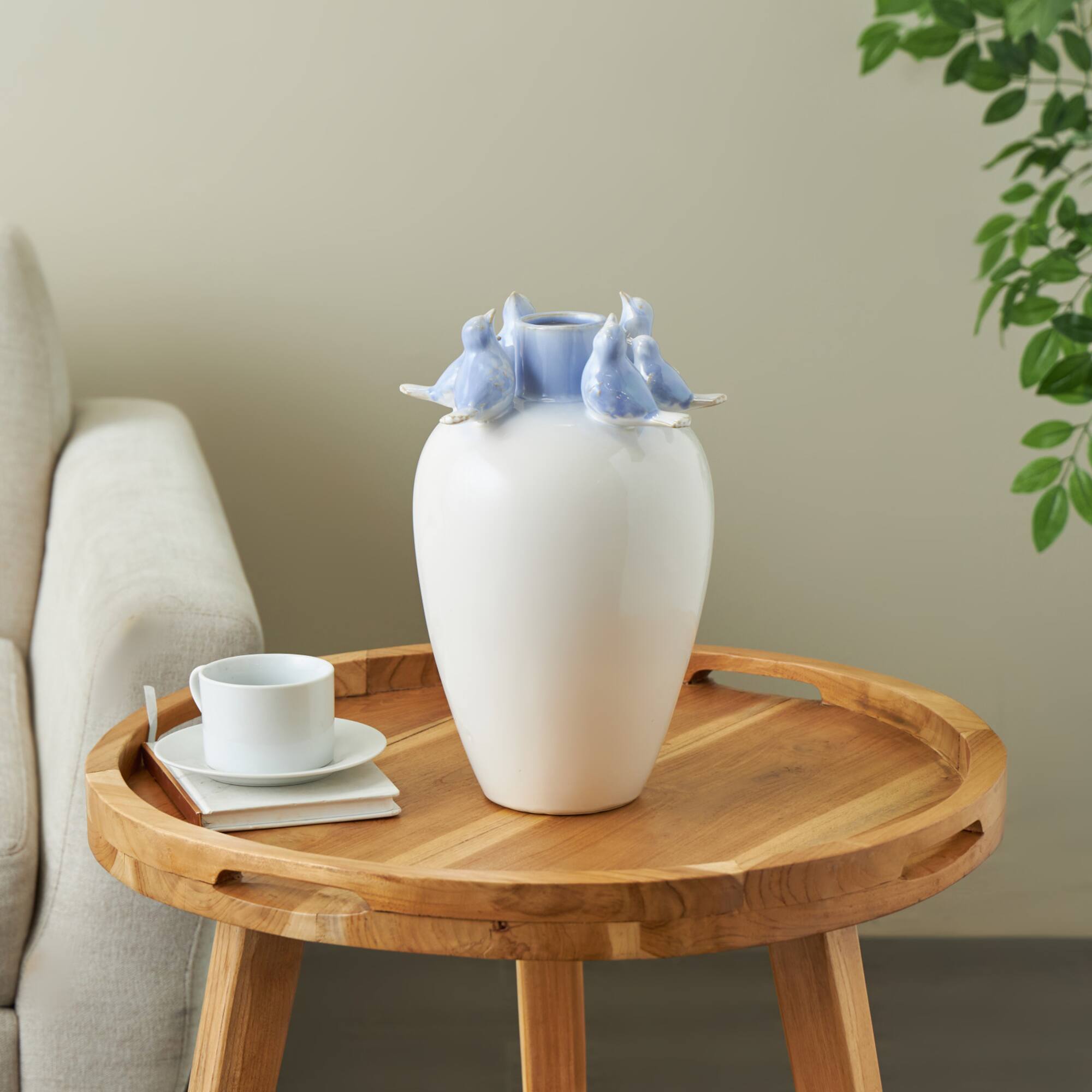 13" White Ceramic Bird Decorative Vase with Blue Accents